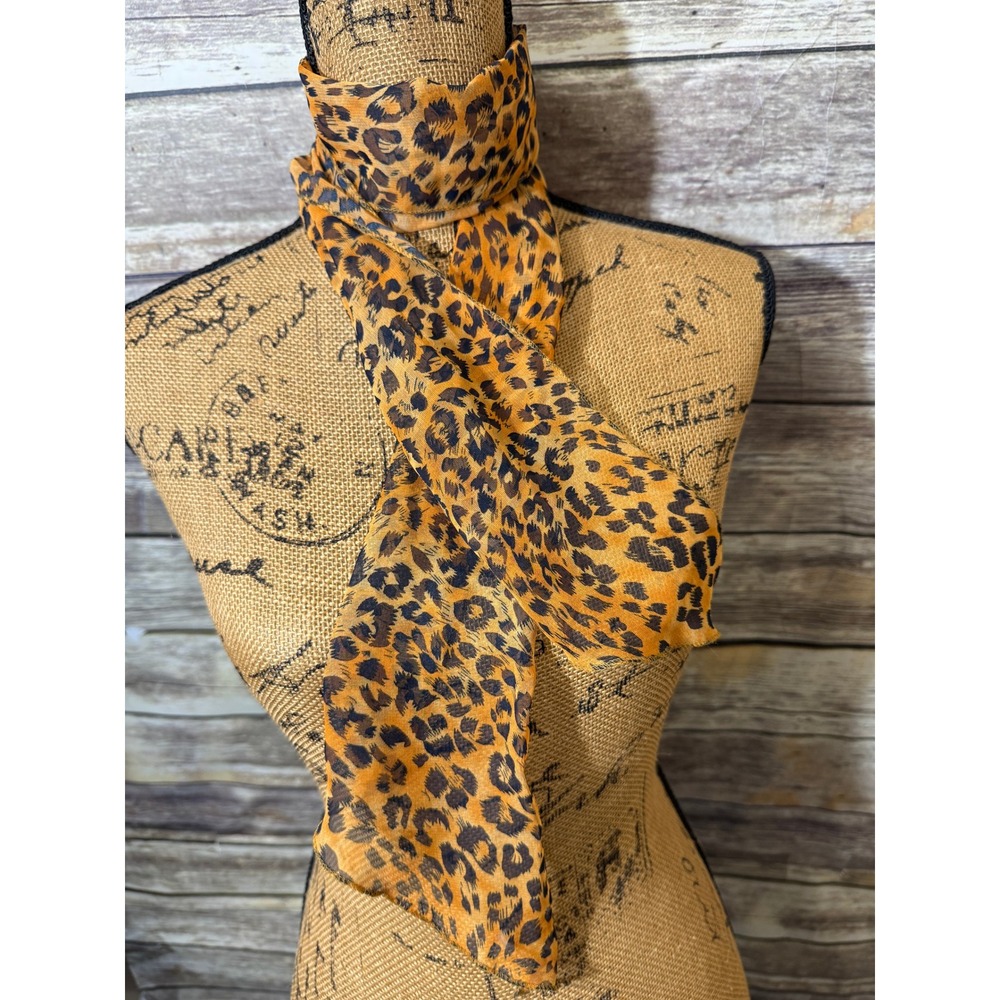 Leopard Print Skinny Scarf Tan Black Animal Pattern Chiffon Neck Tie Accessory
